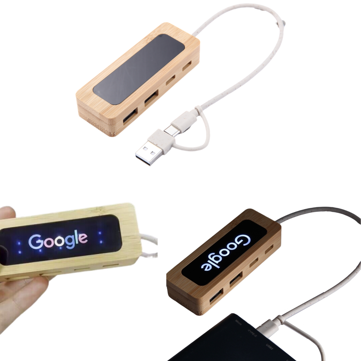 Bamboo 4 Ports LED Logo USB Hub 5