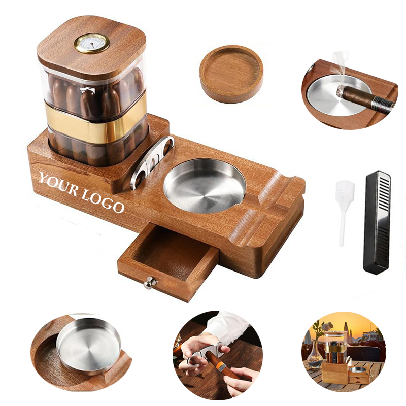 Wooden Cigar Case Humidor Ashtray Set With Cutter Office 3