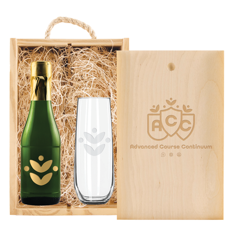 Laser-Engraved Double Half-Sized Wood Box w/Etched Mini Sparkling Wine + Flute 4