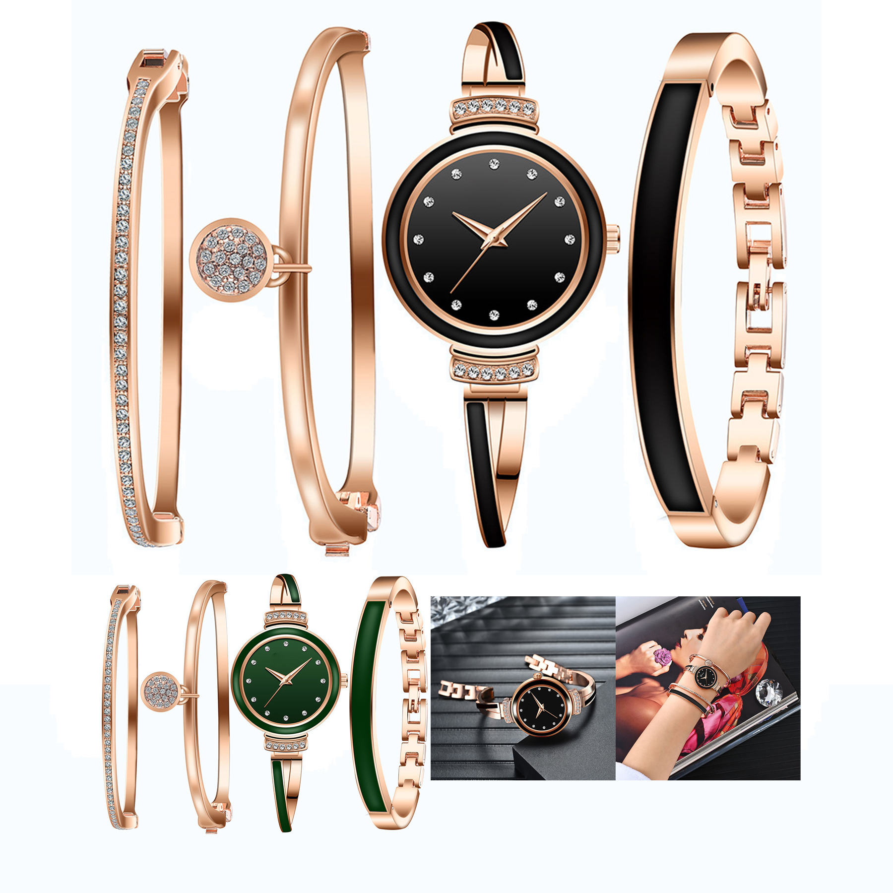 Women's Premium Crystal Accented Bangle Watch Set 2