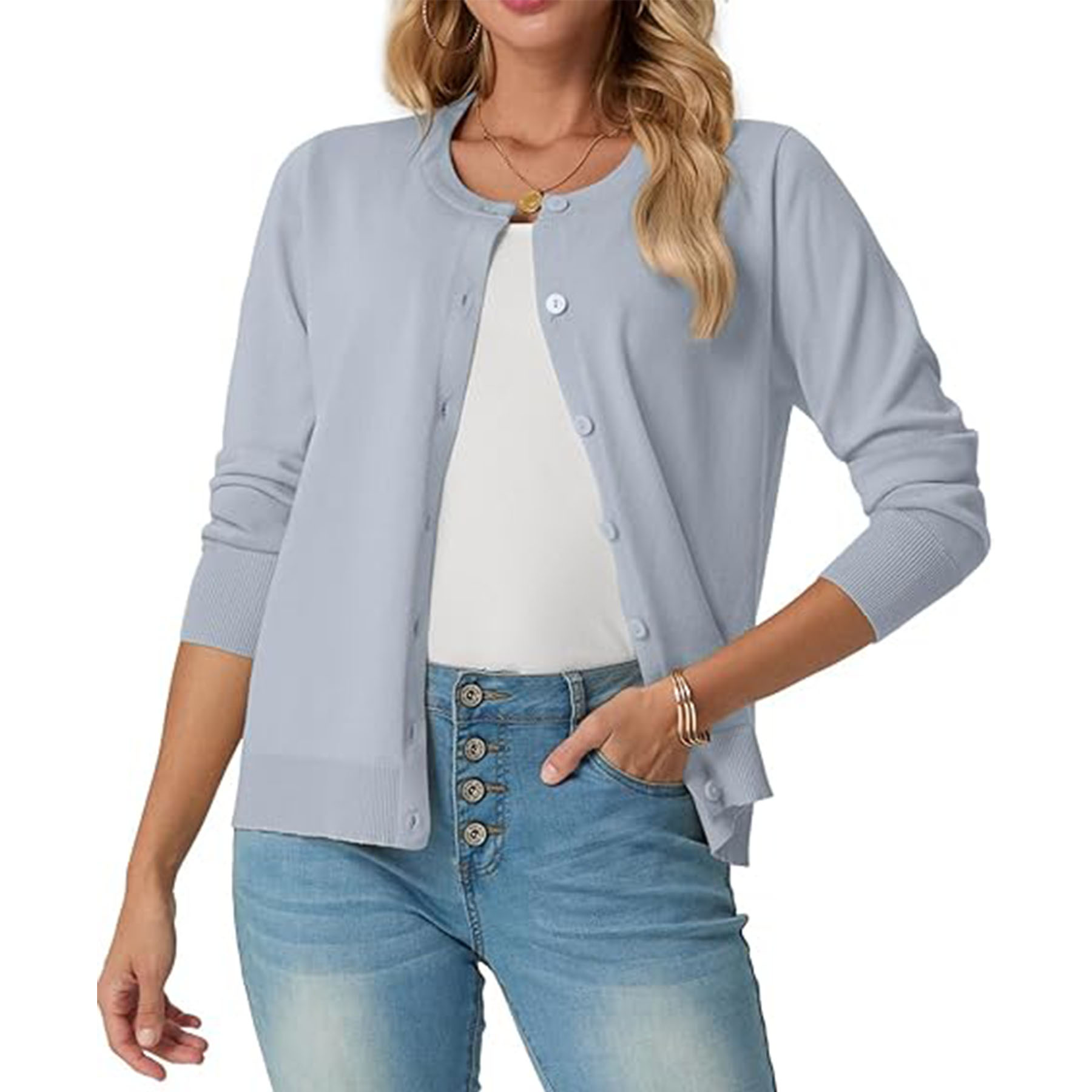 Women's Long Sleeved Lightweight Round Neck Casual Cardigan 24