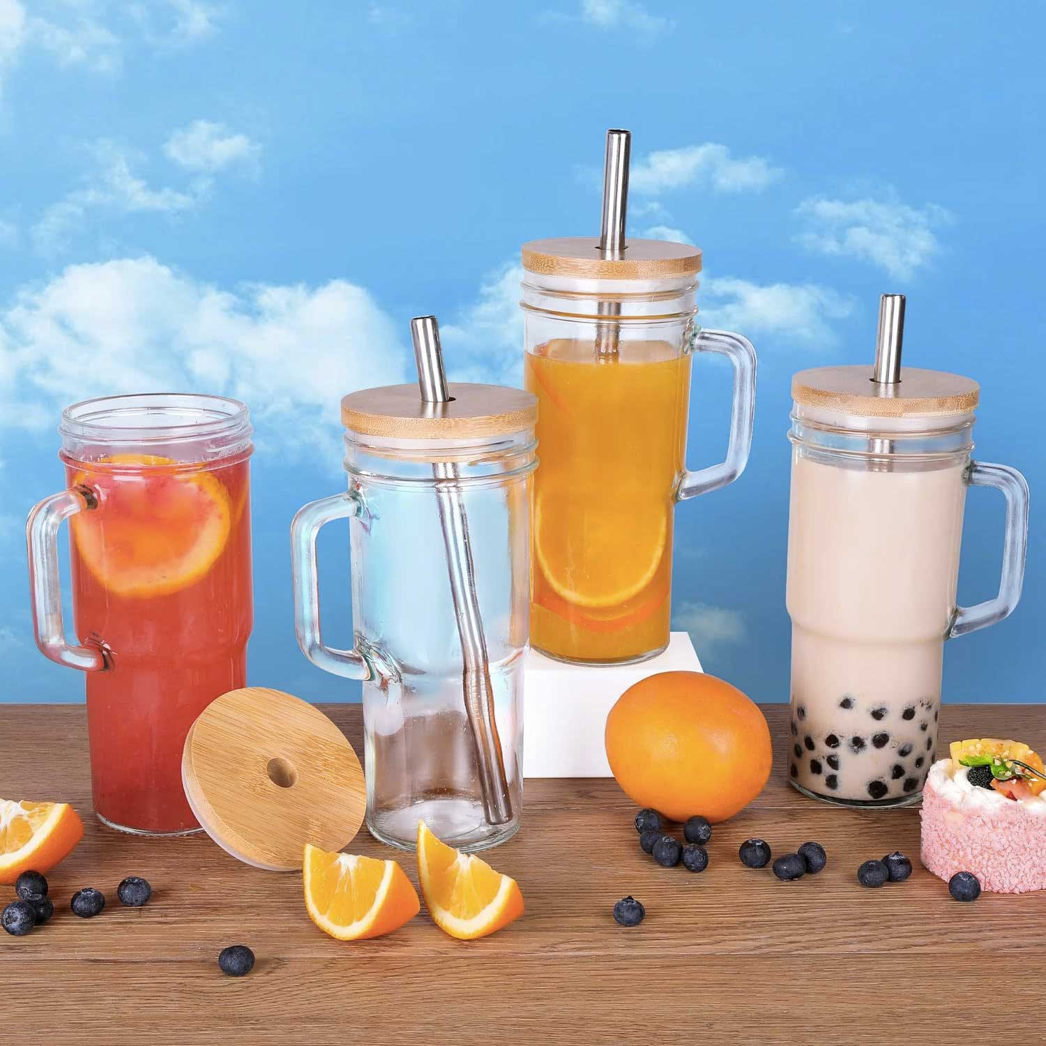 Bamboo-Lid Mason Jar - Glass Cup w/ Straw & Brush Set 3