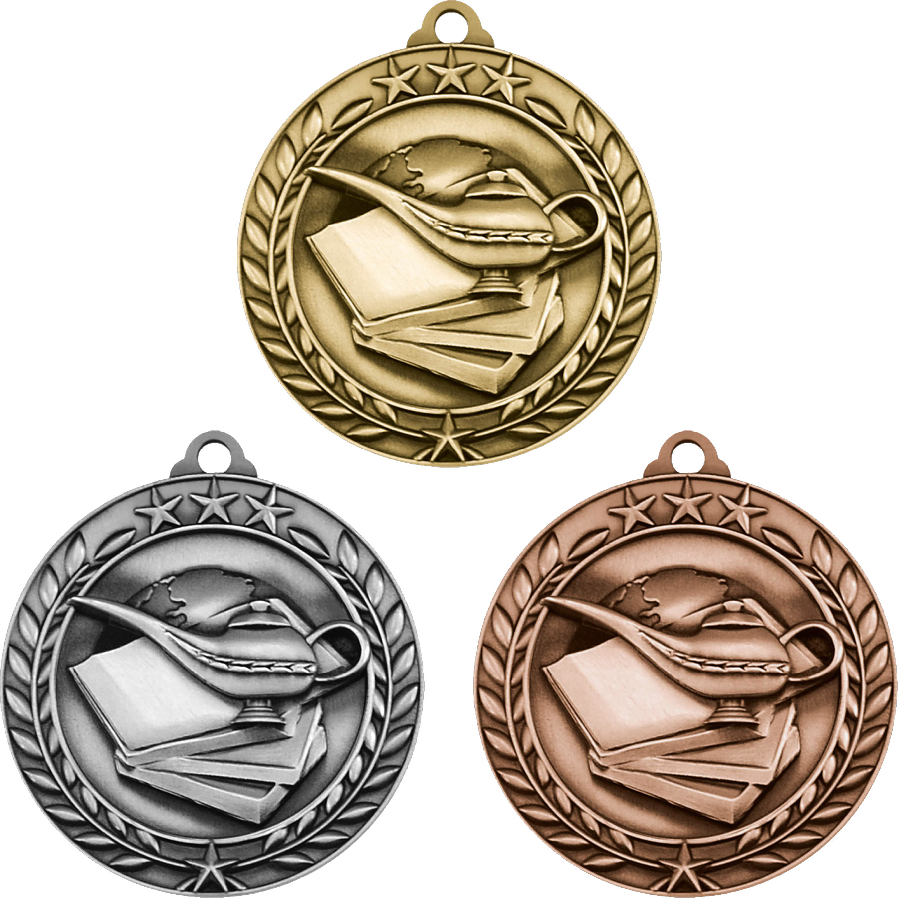 Stock Small Academic & Sports Laurel Medals: Book & Lamp