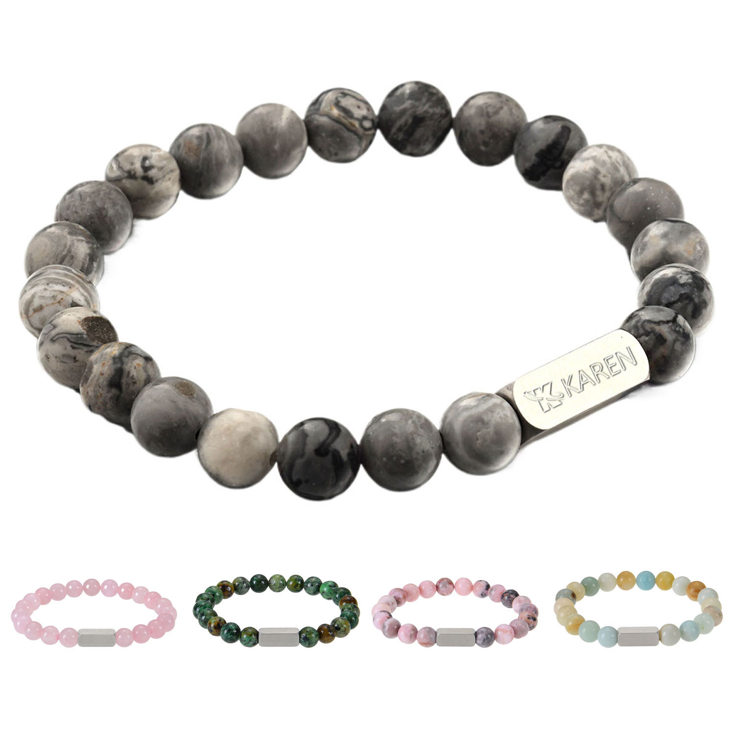 Round Stone Beads Bracelet w/ Stainless Steel Tag 7
