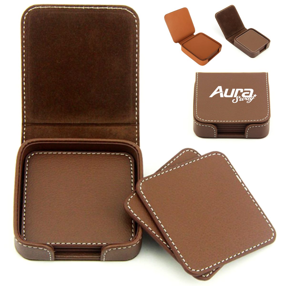 PU Leather Square Coaster Set with Holder, custom desk accessory with logo imprint 3