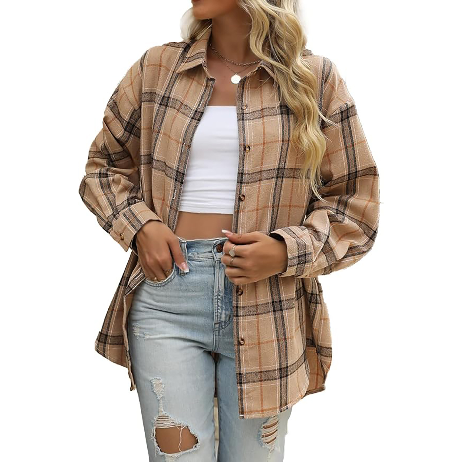 Women's Long Sleeved Plaid Shirt 19
