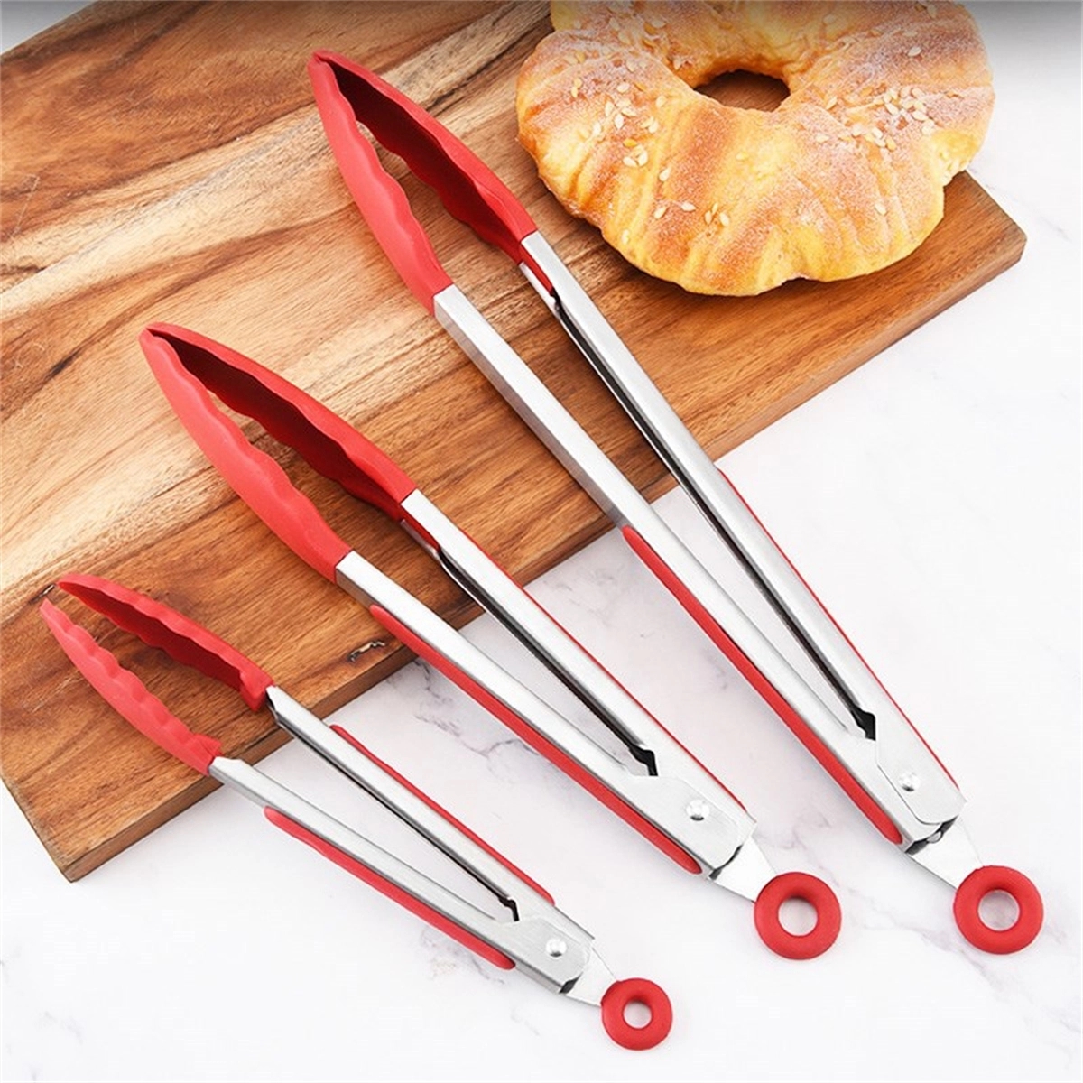 Stainless Steel Locking Kitchen Tongs With Silicone Tips Set 5
