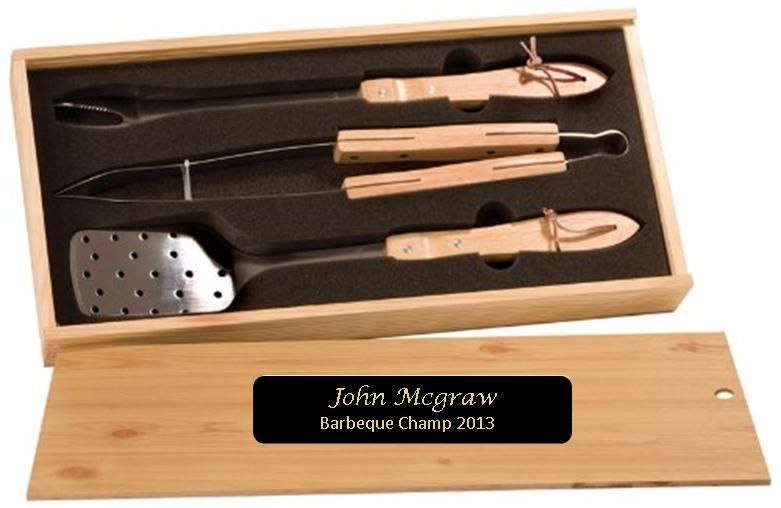 Three Piece BBQ Set in Wooden Pine Box with an engraved plate 1
