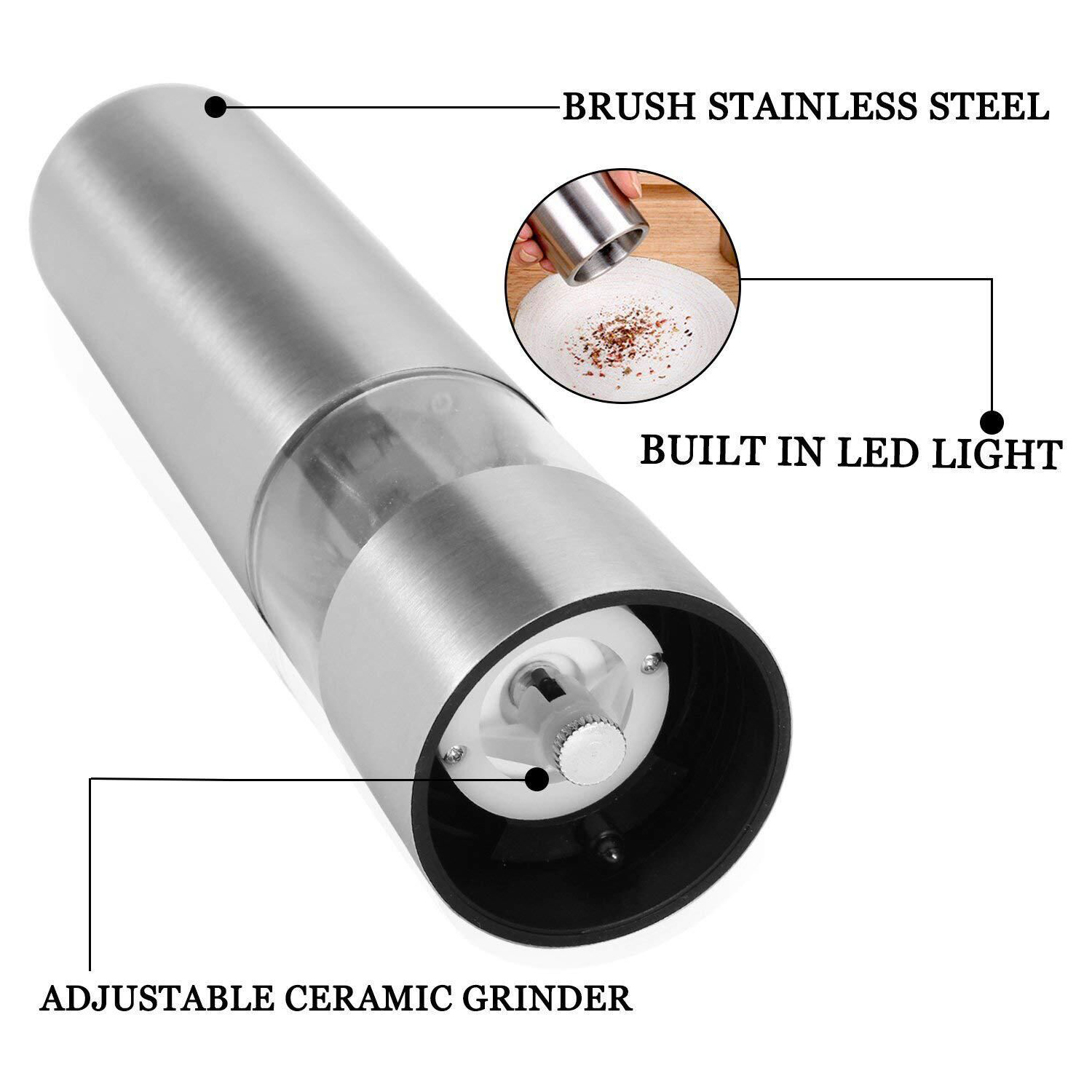 Stainless Steel Electric Salt and Pepper Grinder Battery Operated 5