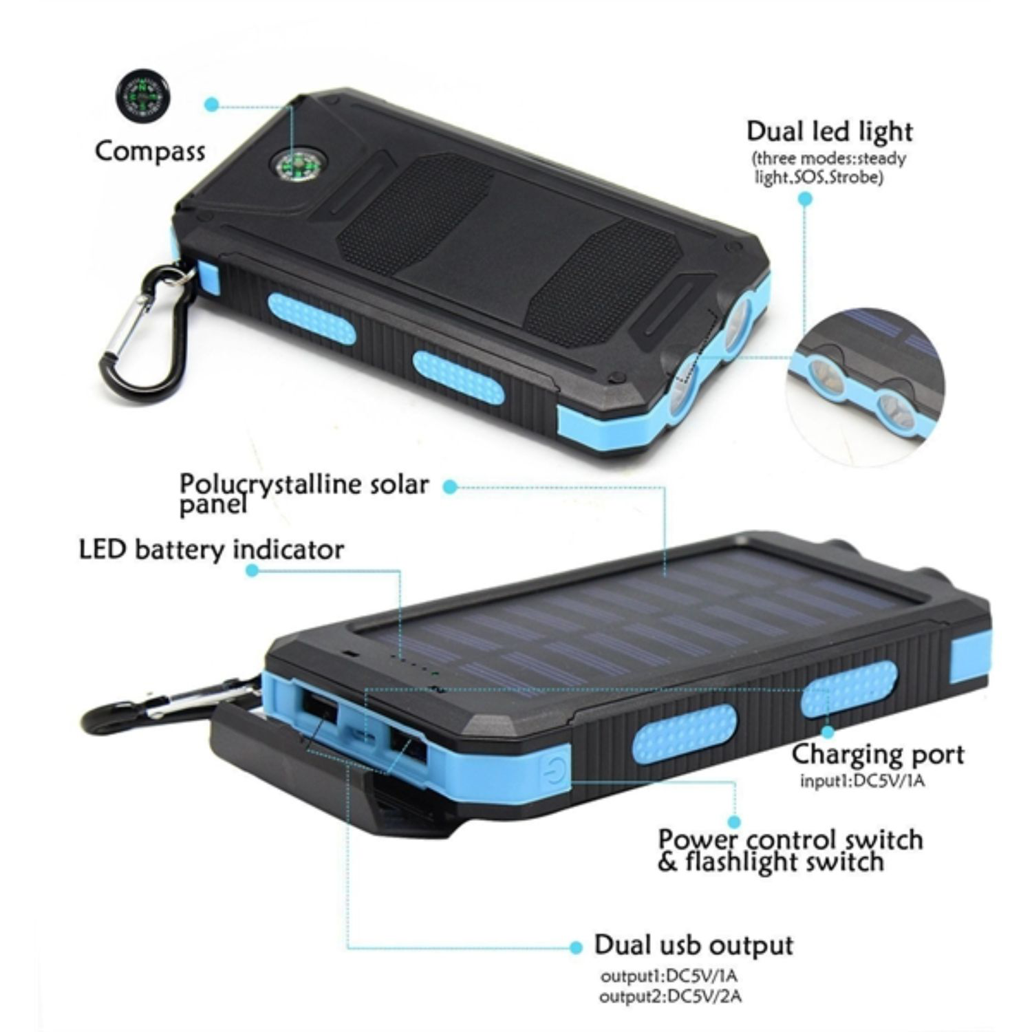 Waterproof Compass Solar Power Bank 10000mah 10