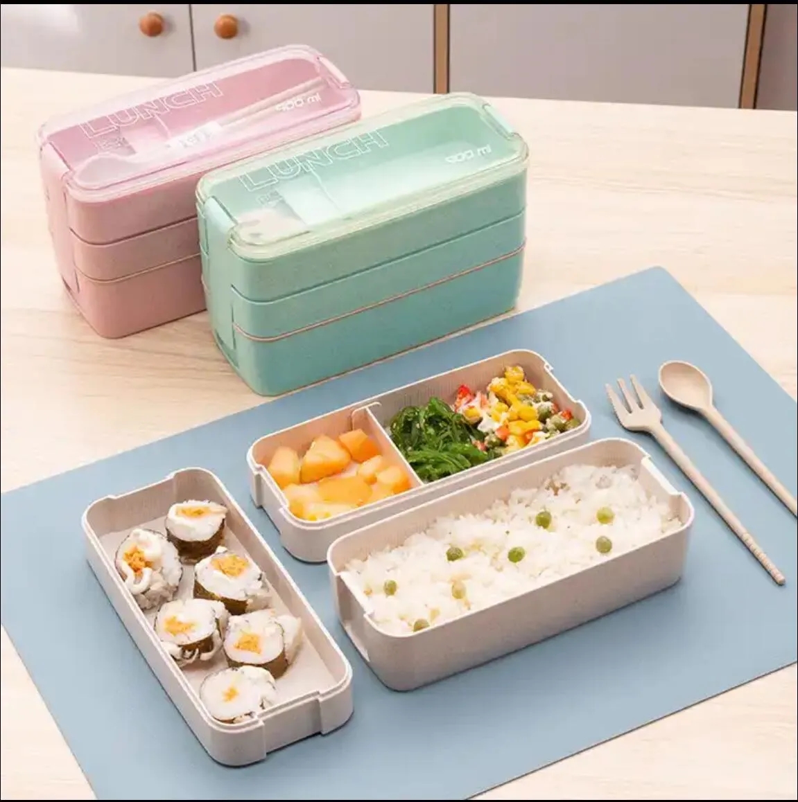 Portable 3 Layer Wheat Straw Lunch Bento 4