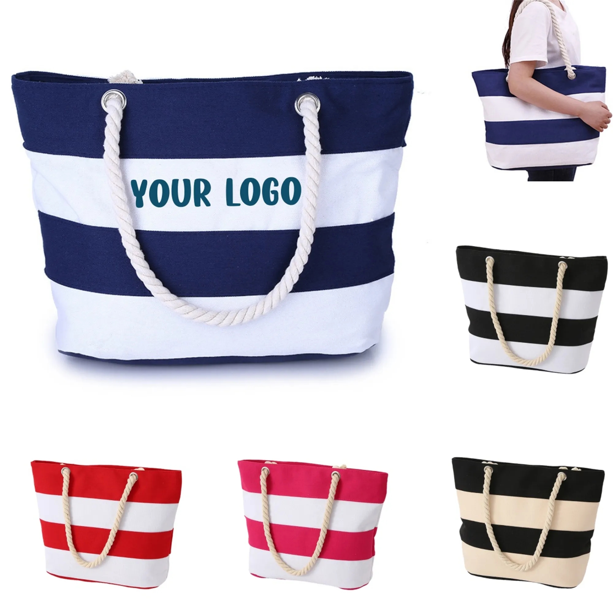 Full Color Burlap Rope Striped Canvas Tote Bag 2