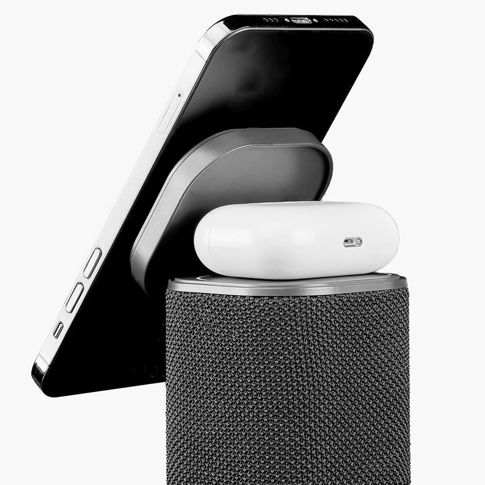 Dual Wireless Charging Stand with Bluetooth Speaker