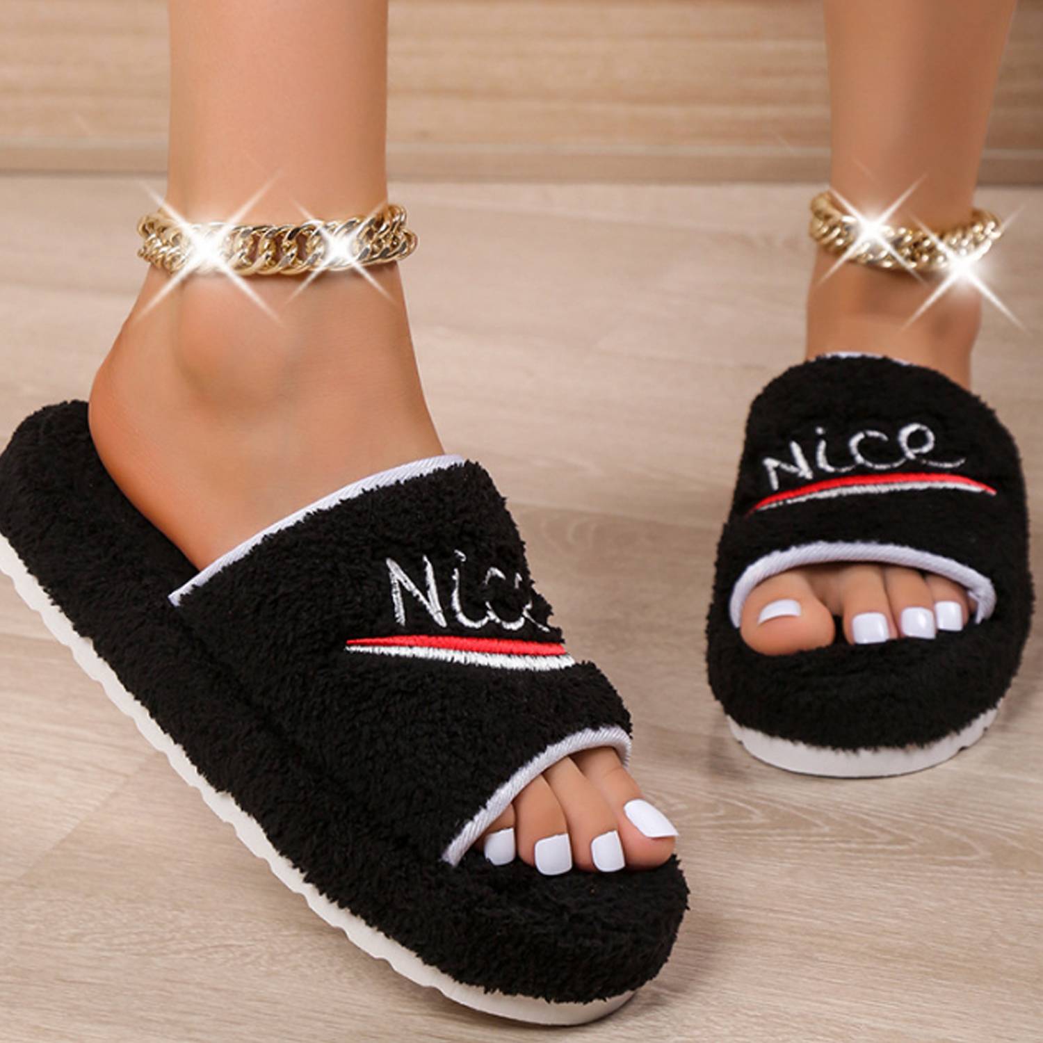 Womens Embroidered Fur Slippers 6