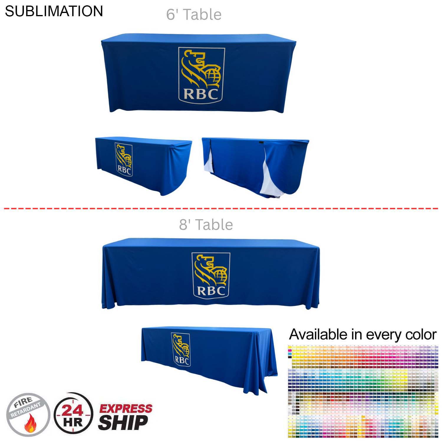 24Hr Express Ship - Sublimated PREMIUM Convertible Table Cloth, Converts from 8' to 6', Drape style 3