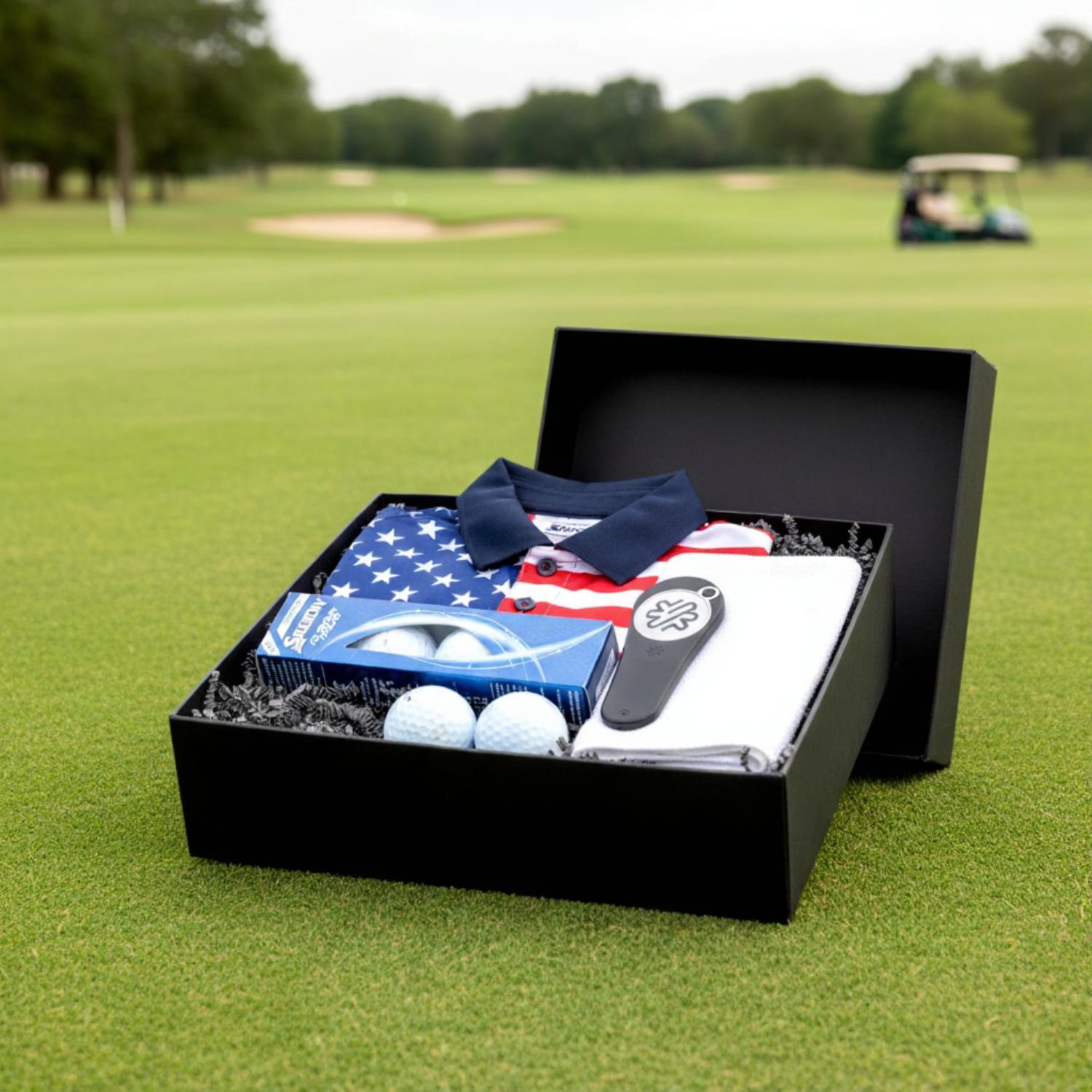 YATTA Golf® Patriot Men's Polo Shirt, Towel, Srixon® Golf Balls & Pitchfix® 2.5 Divot Tool Gift Set 1