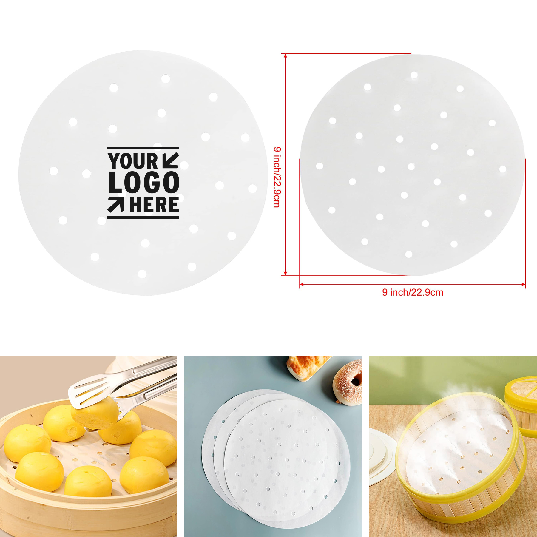 Dumpling Bamboo Steamer Paper 9 Inch Basket Liner With Hole 2
