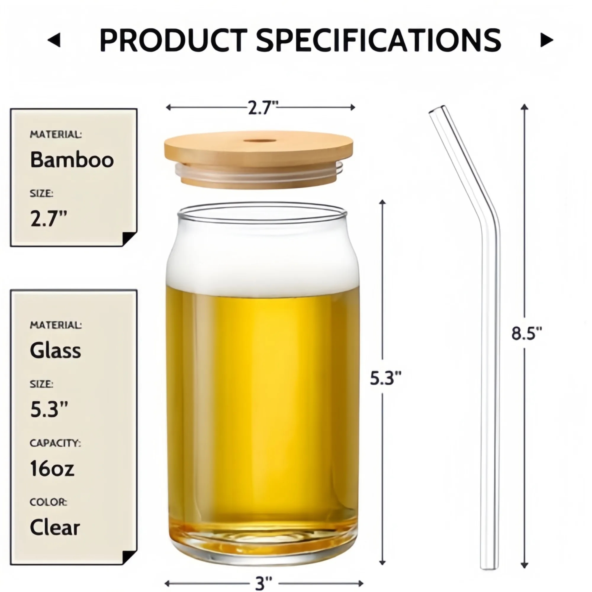 4-Piece Glass Cup Set With Bamboo Straw And Lid, With Brush 4