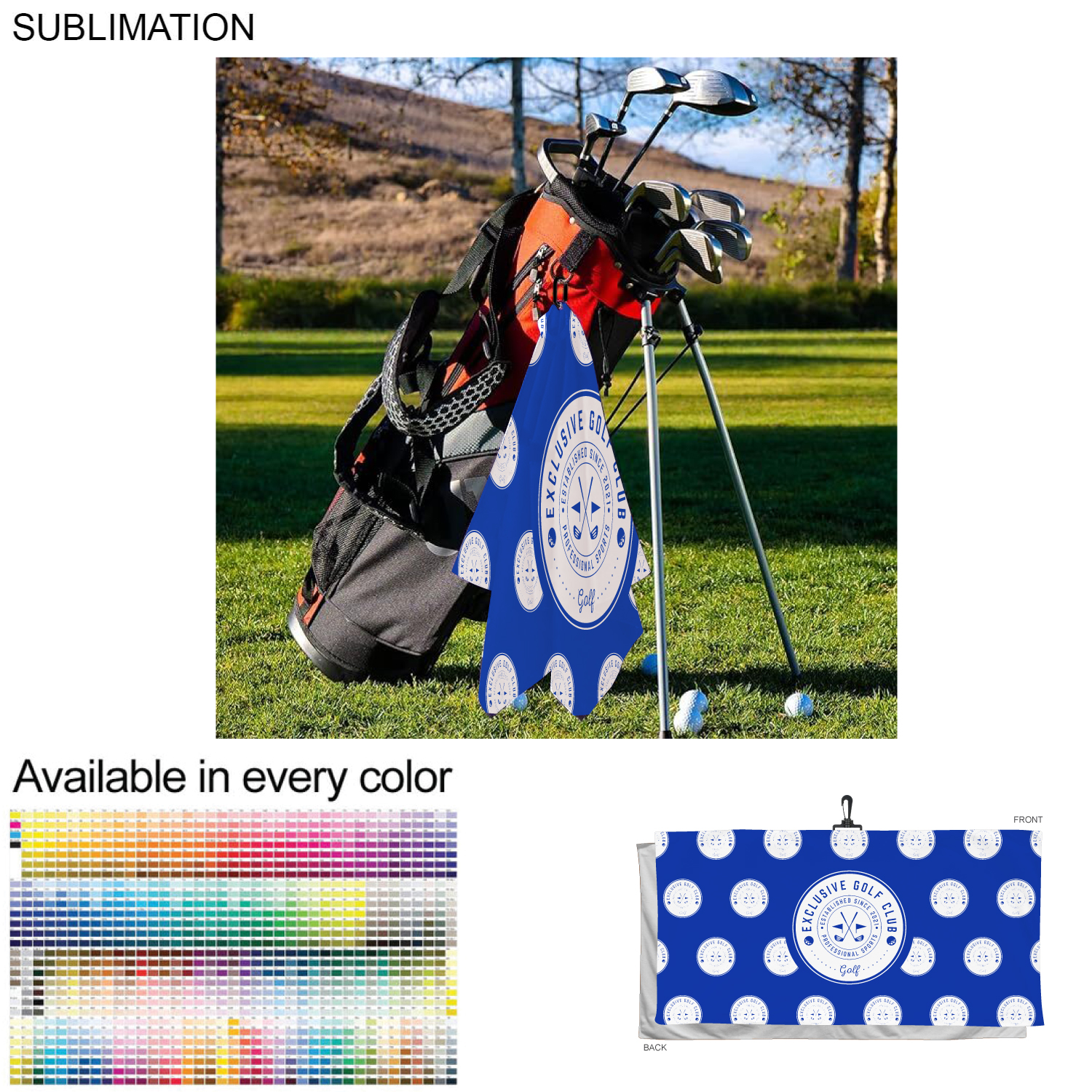 72 Hr Fast Ship - Oversized Golf Towel in Soft Velour Terry, 30x60, with Black Hook, Sublimated 3