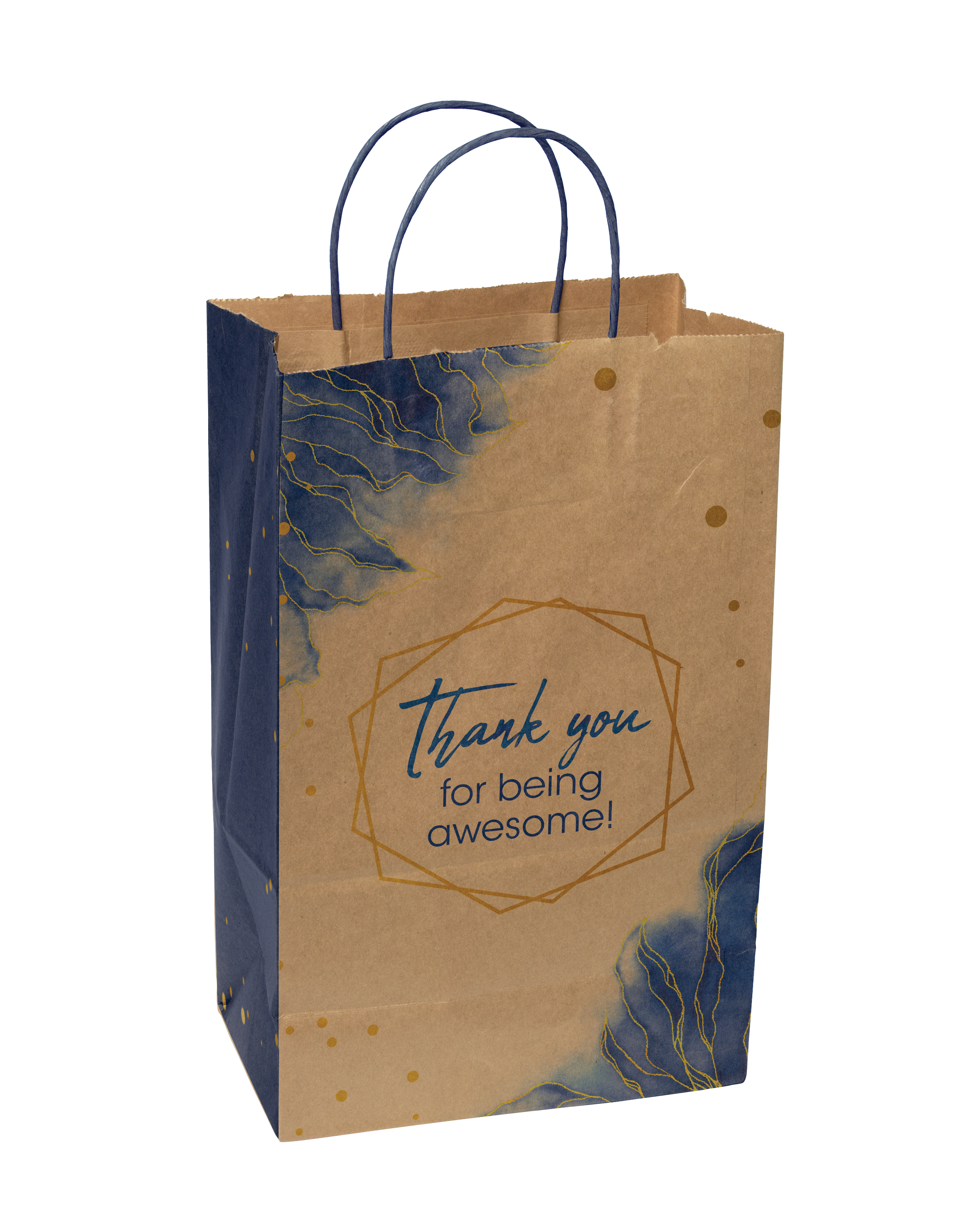 Multi-sided Full Color Natural Shopper Paper Bag - Blue Handle (8.5" x 13.375" x 5")