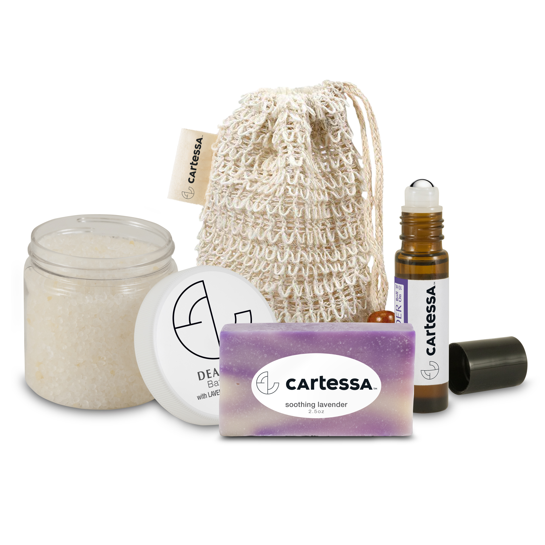 Loofah Bag with Roll-on Essential Oil, Mini Soap, and Bath Salts 1