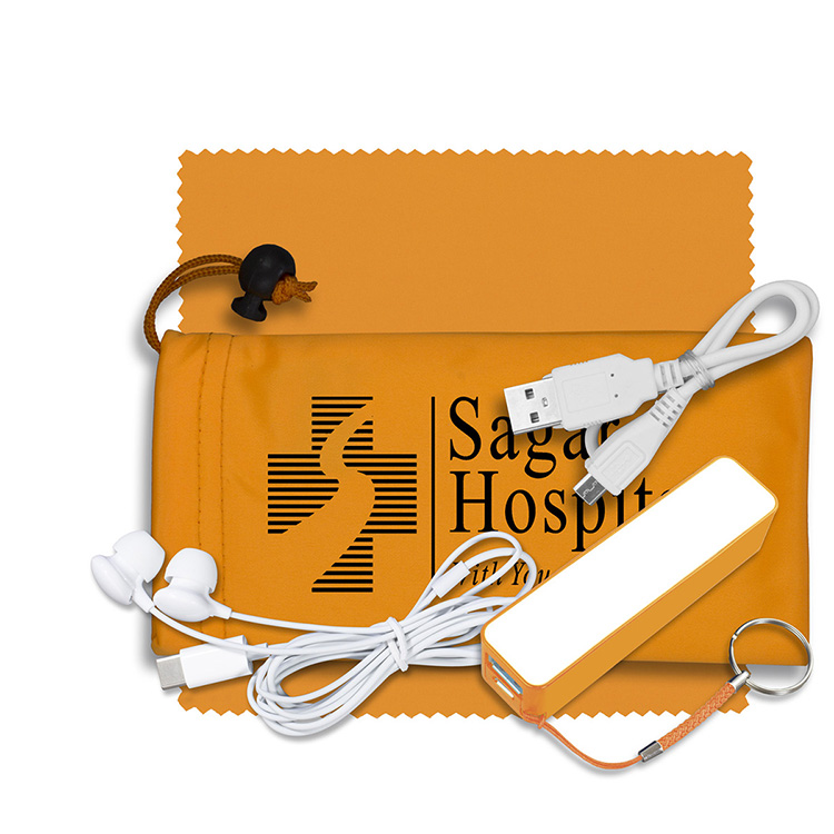 Mobile Tech Power Bank Accessory Kit with Earbuds in Microfiber Cinch Pouch 5