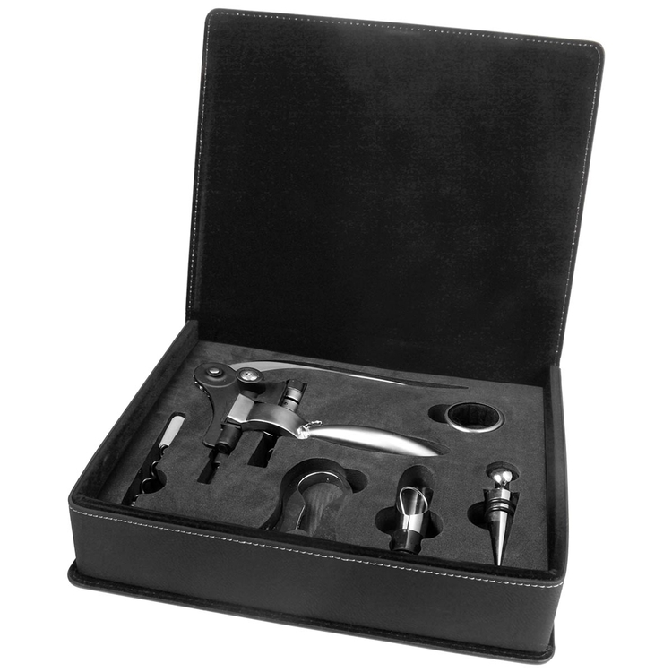 Black/Silver Leatherette 5-Piece Wine Tool Set 1