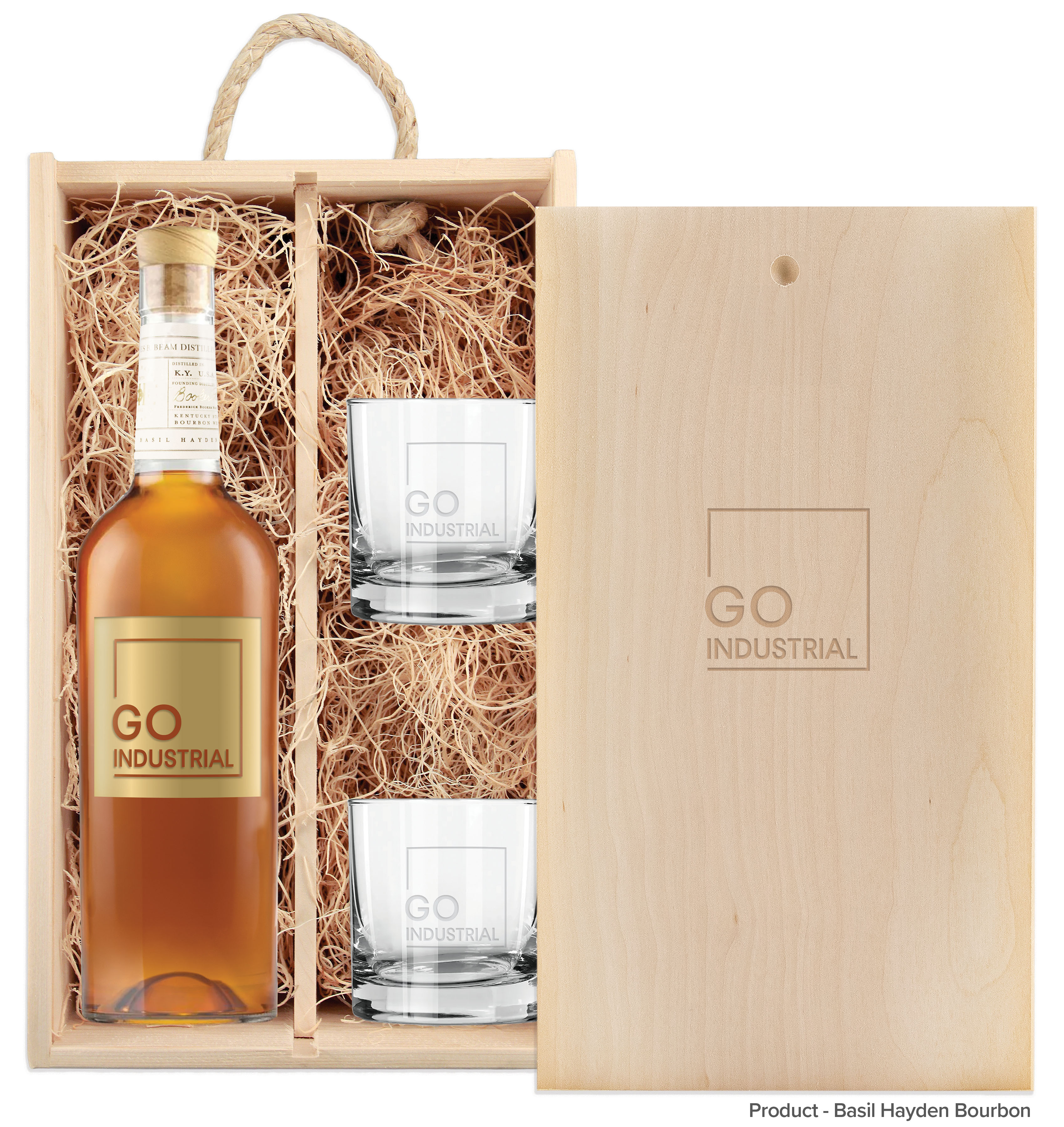 Laser-Engraved Double Wood Box w/Custom Etched Liquor Bottle + Glasses 1