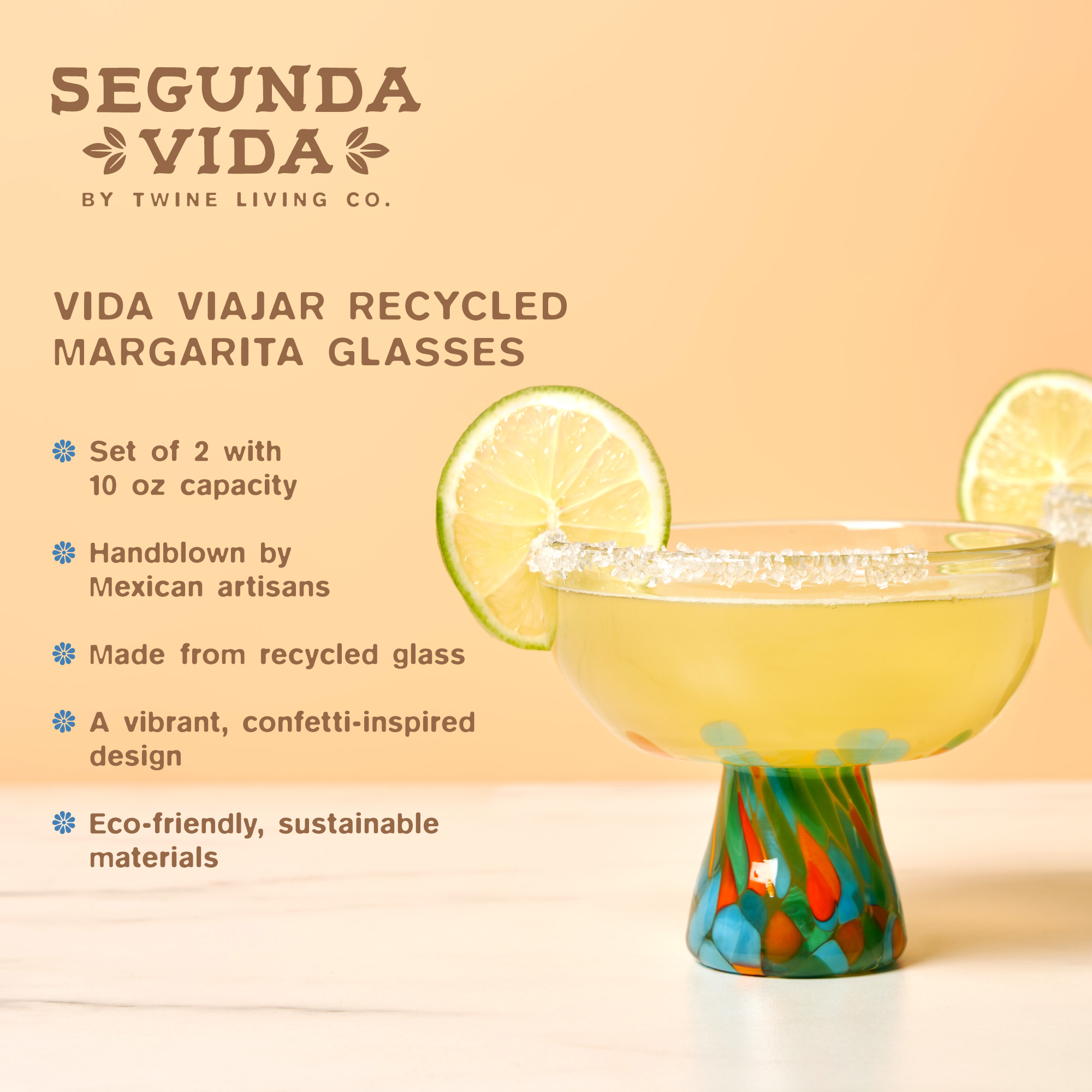 Twine Living® Viajar Wide Stemmed Recycled Margarita Glass, set of 2 5