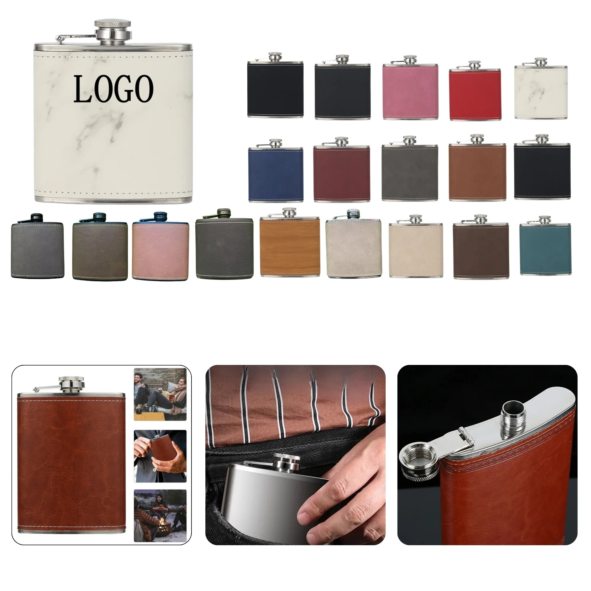 Engraved Leather Hip Flask 6oz 14