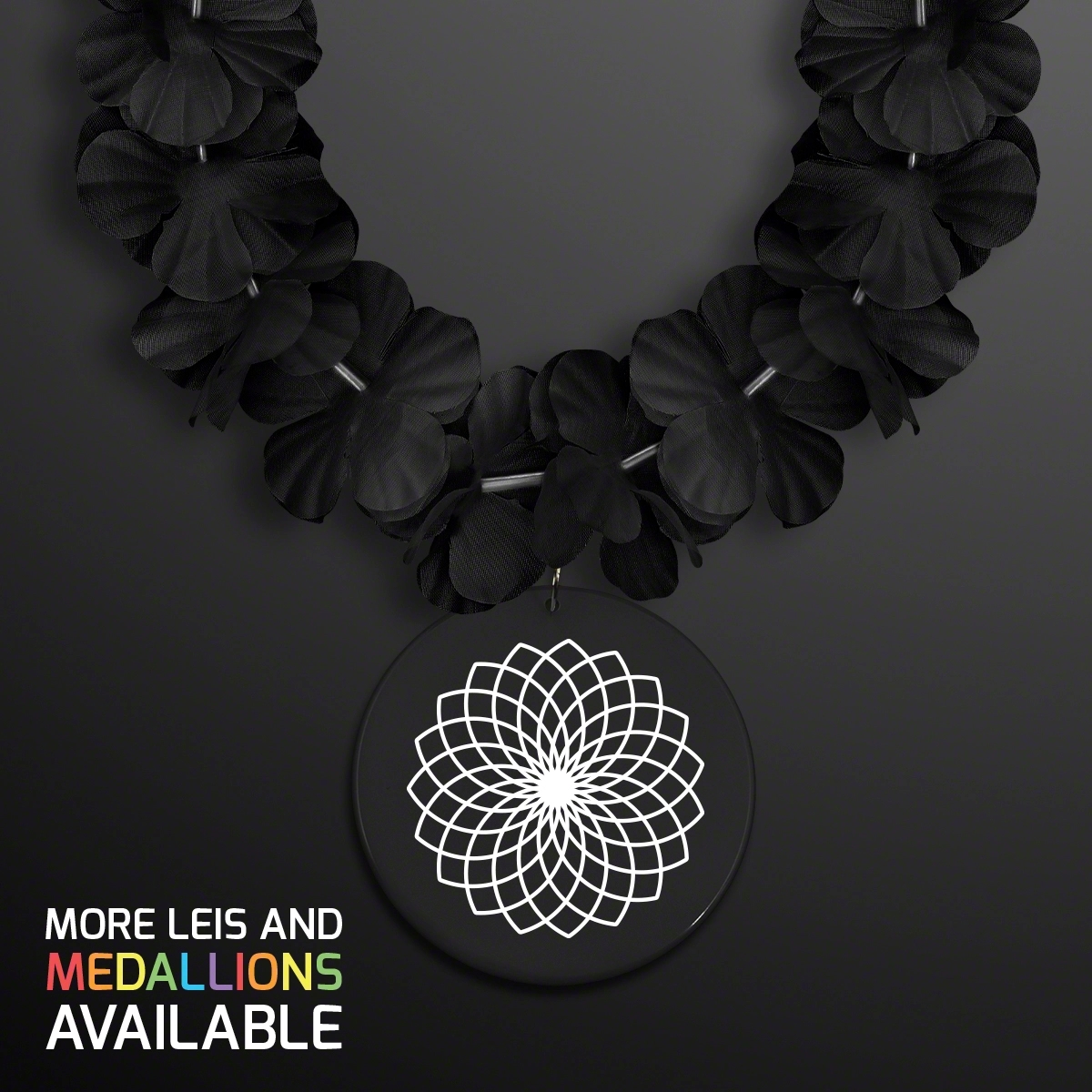 Black Flower Lei Necklace with Medallion (Non-Light Up) 3