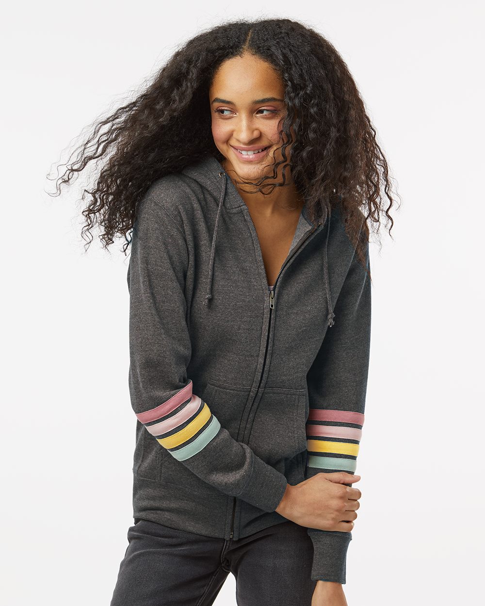 Women's Striped Sleeves Full-Zip Hooded Sweatshirt - W22732 20