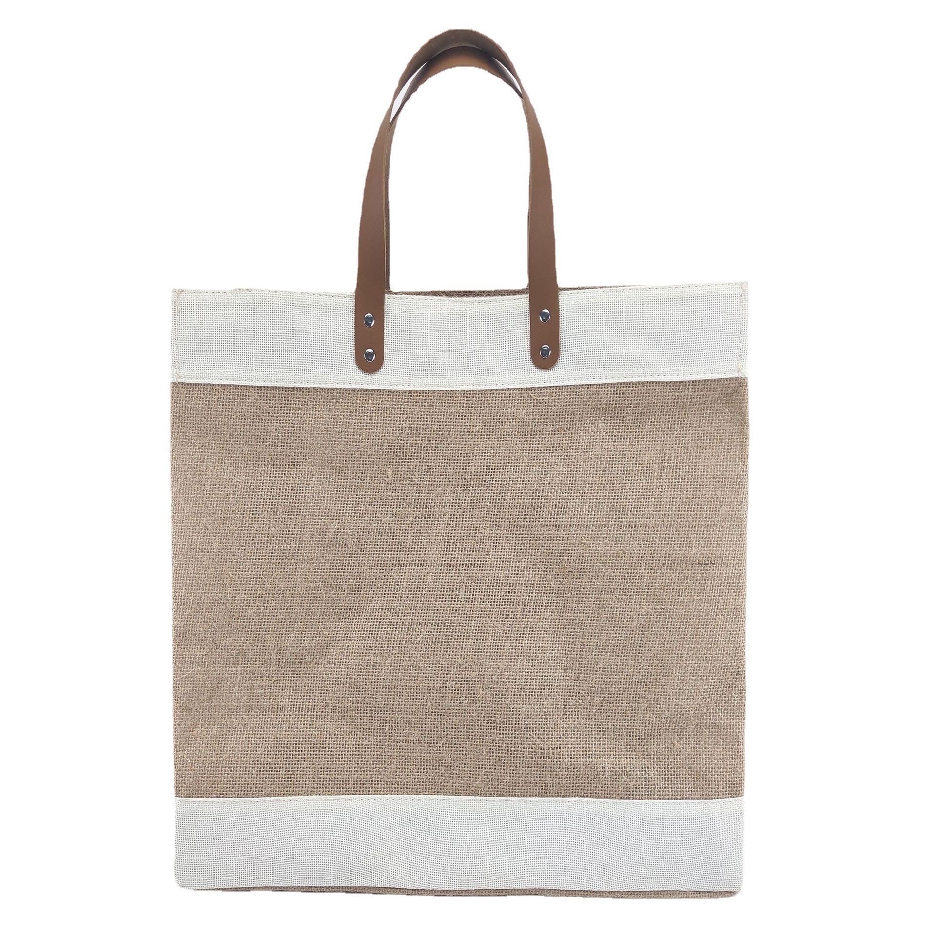 Laminated Jute Tote with Leather Handles, custom tote bag with logo imprint 1