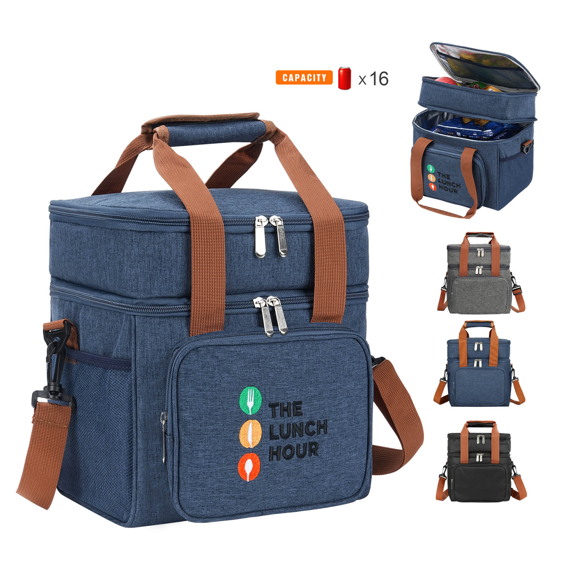 Double Deck Insulated Lunch Bag W/Adjustable Shoulder Strap 6