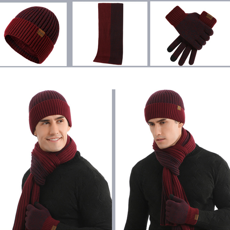 Unisex Winter Knitted Beanie Hat Scarf Touchscreen Gloves Set 12