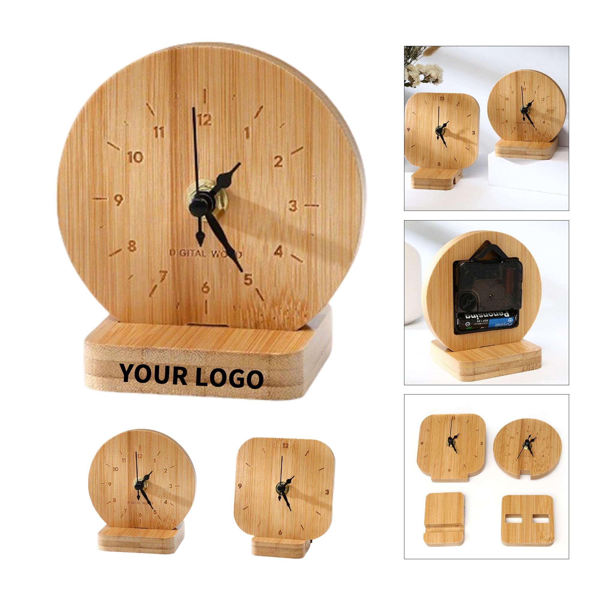 Natural Bamboo Desk Clock Minimalist Grain Face 3
