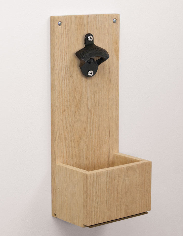 Wall-Mount Bottle Opener with Slide-Out Wood Cap Catcher