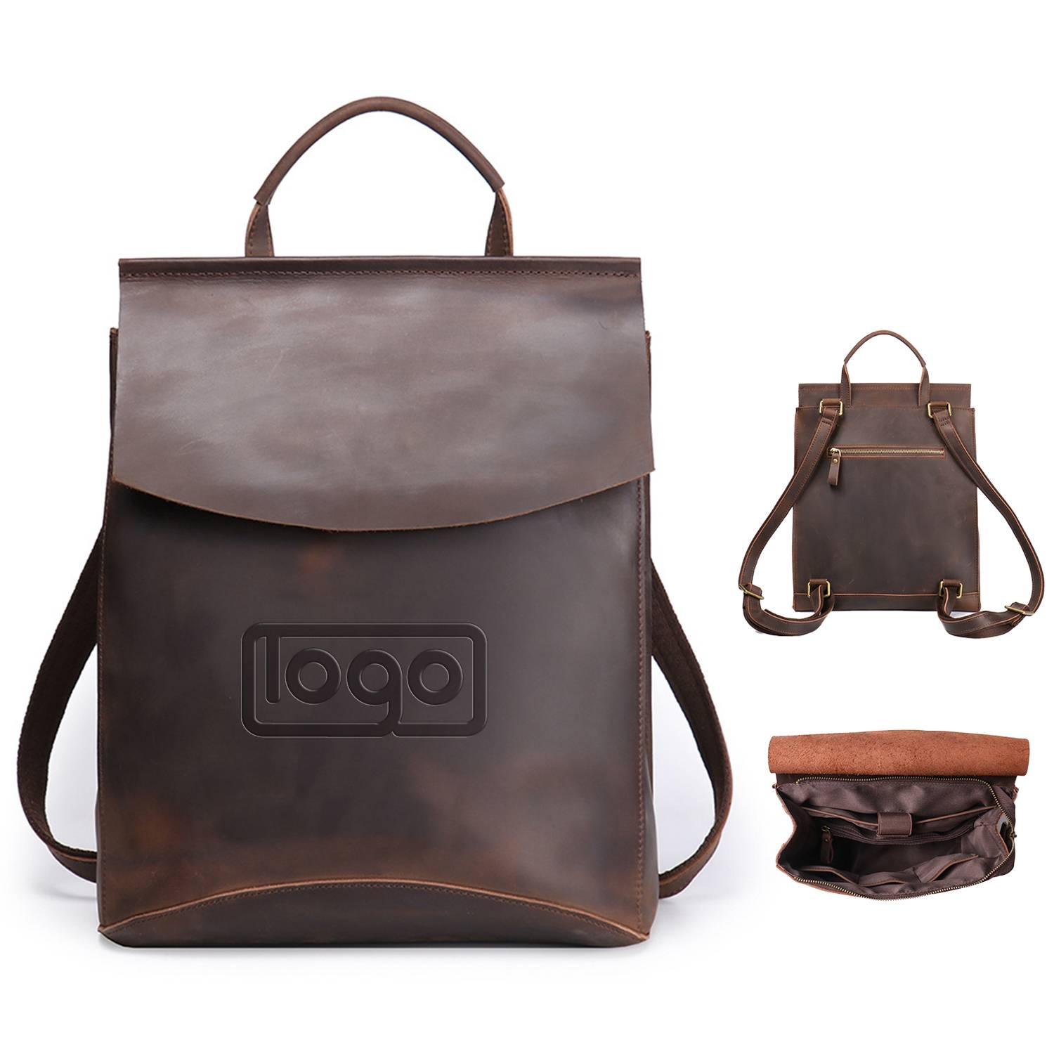 Vintage Genuine Leather Zipper Backpack w/ Pocket 8