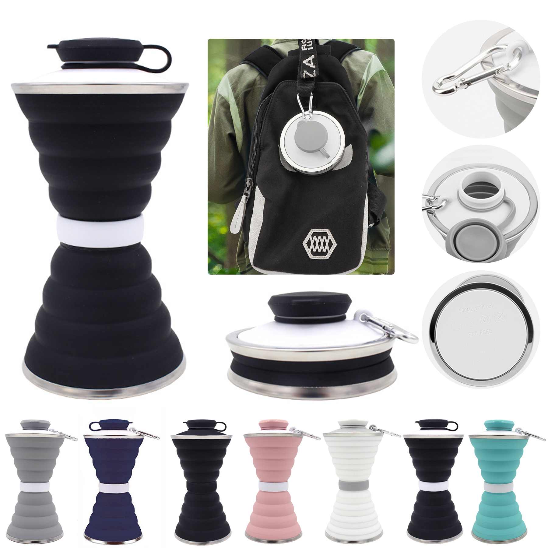 Collapsible Silicone Water Bottle with Carabiner 2
