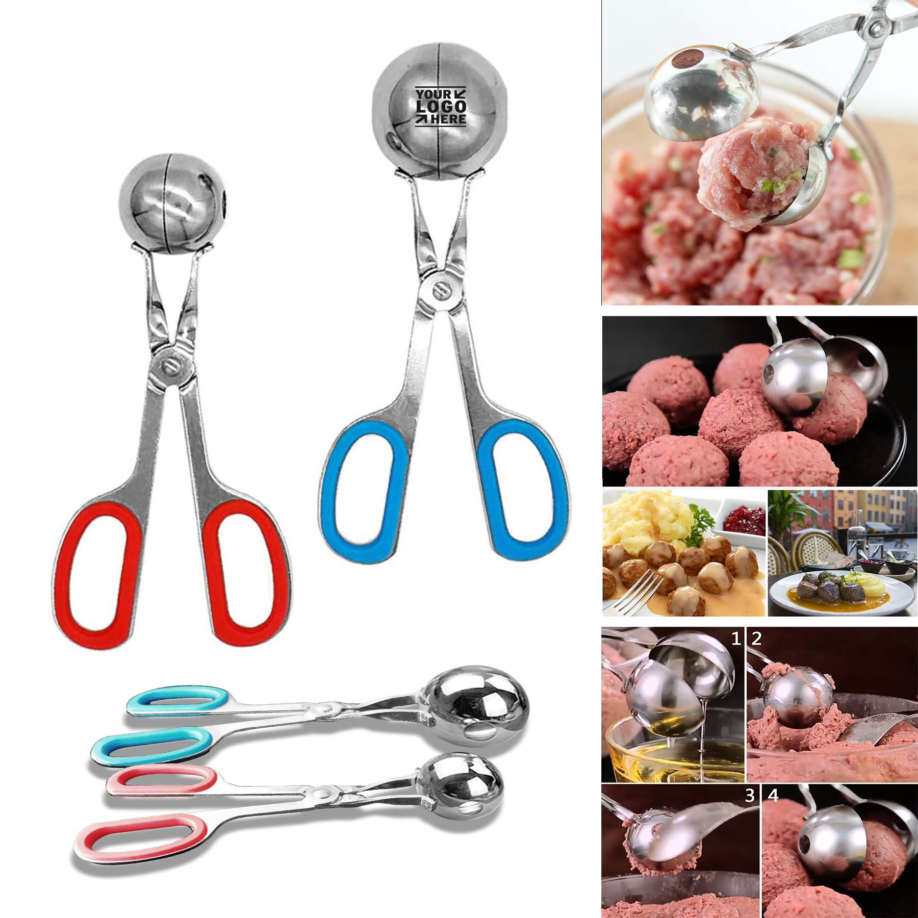 1.38" Stainless Steel Meat Baller Tong Cake Ice Scoop None-Stick Meatball Maker with Detachable 2