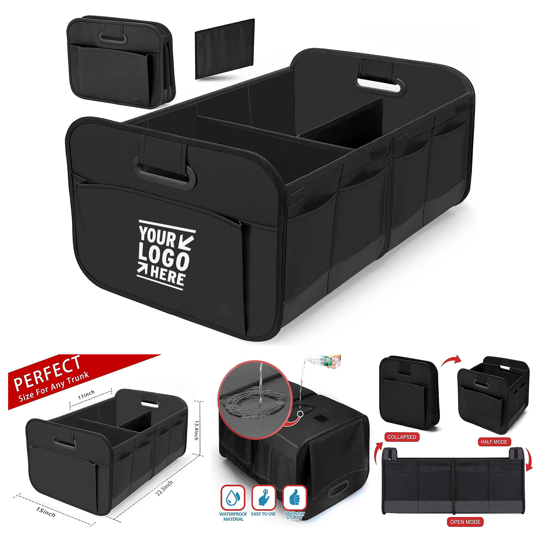 600D Oxford Polyester Reinforced Handles Collapsible Multi-Compartment Car Storage Trunk Organizer
