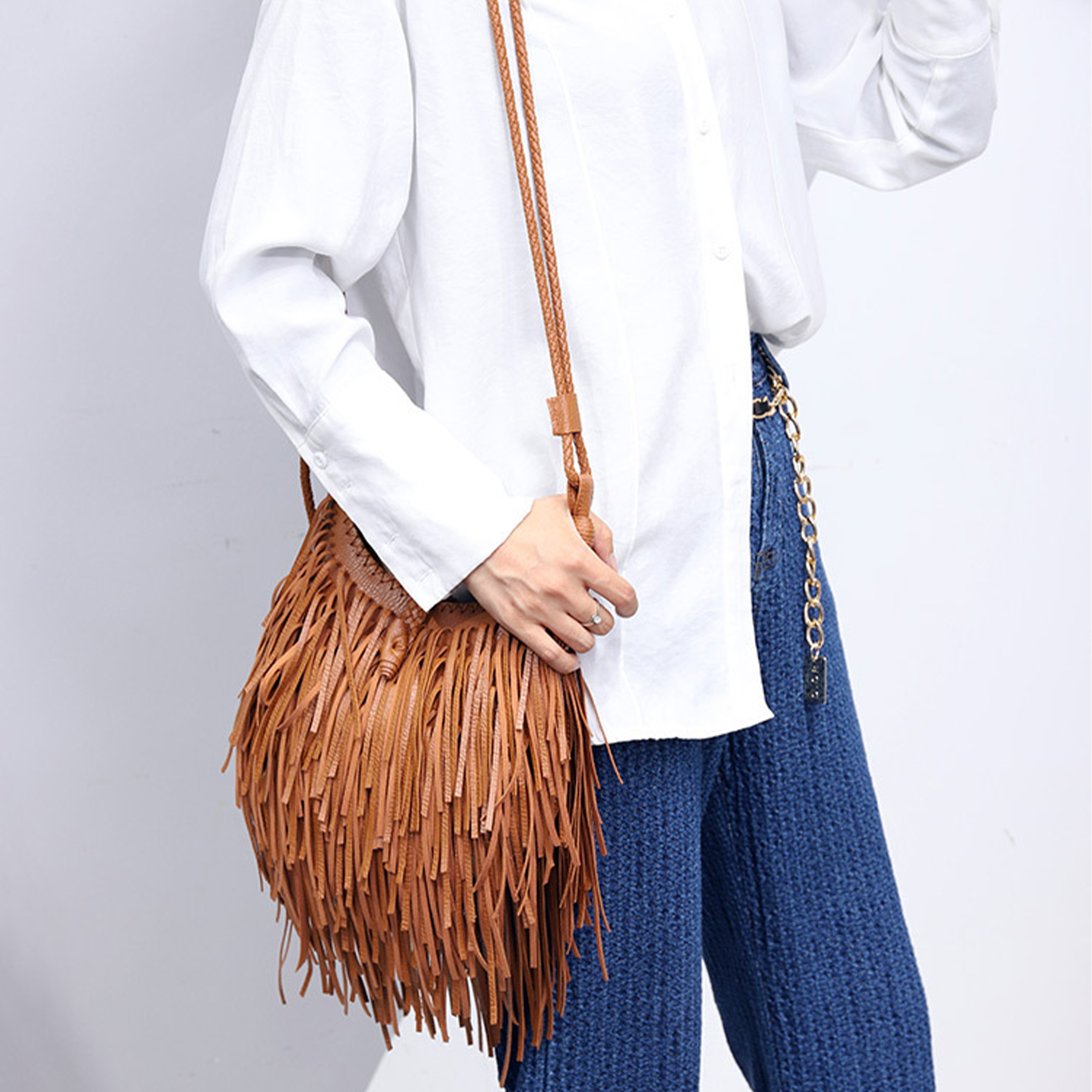 PU Hand-woven tassel shoulder cross-body bag 5