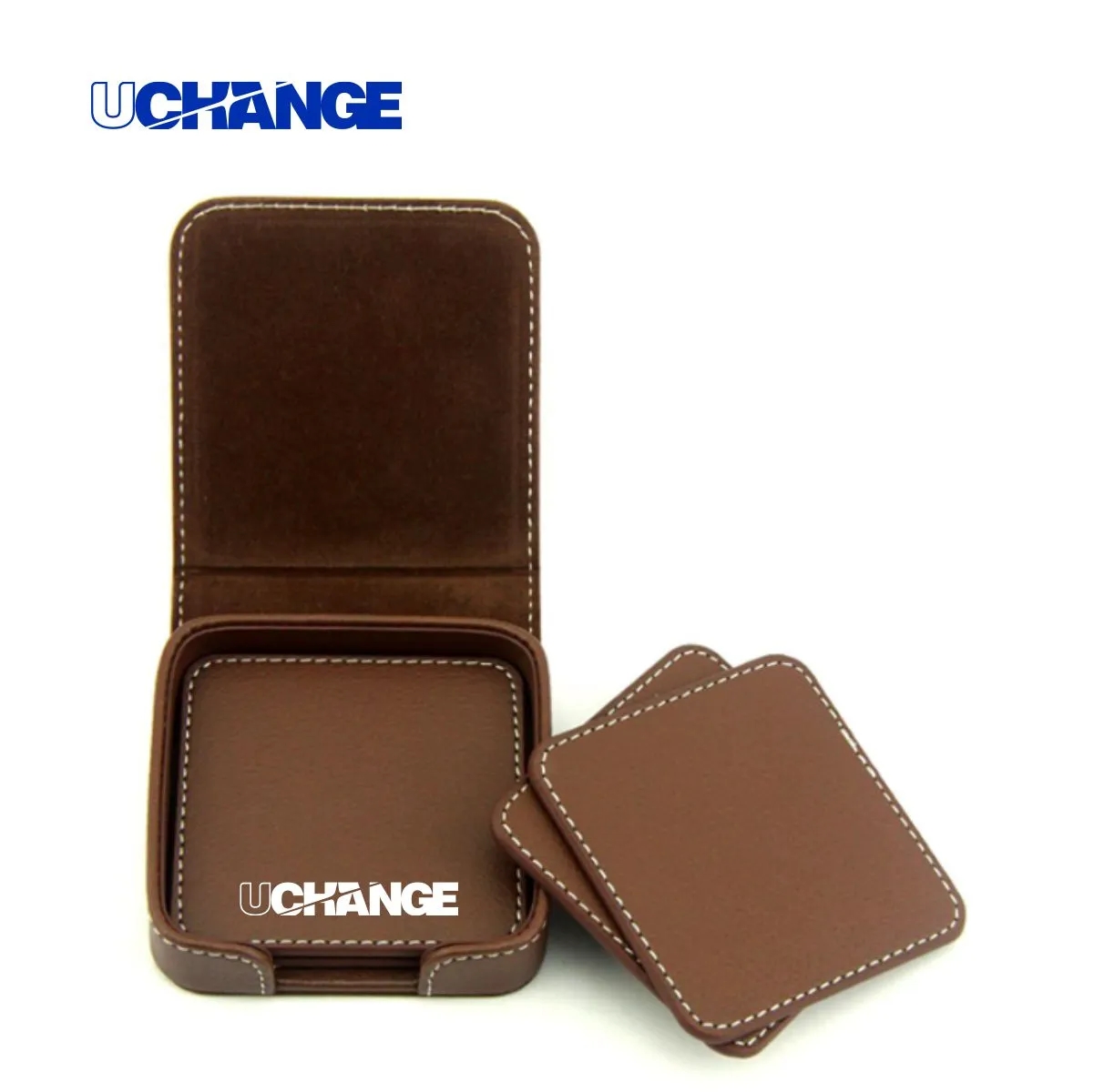 PU Leather Square Coaster Set With Holder 3