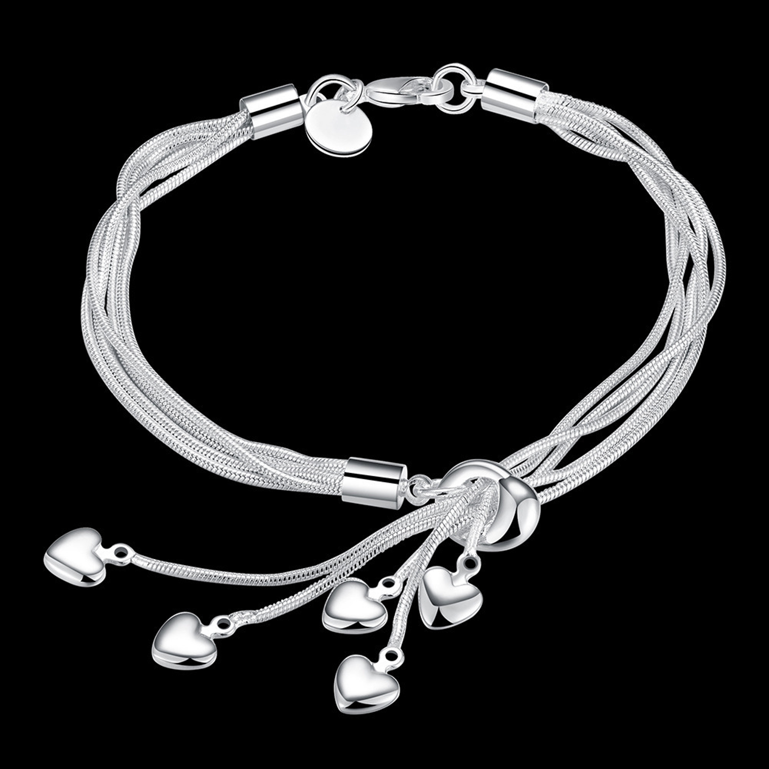 925 Sterling Silver Five-Line Chain with Five-Heart Bracelet 3