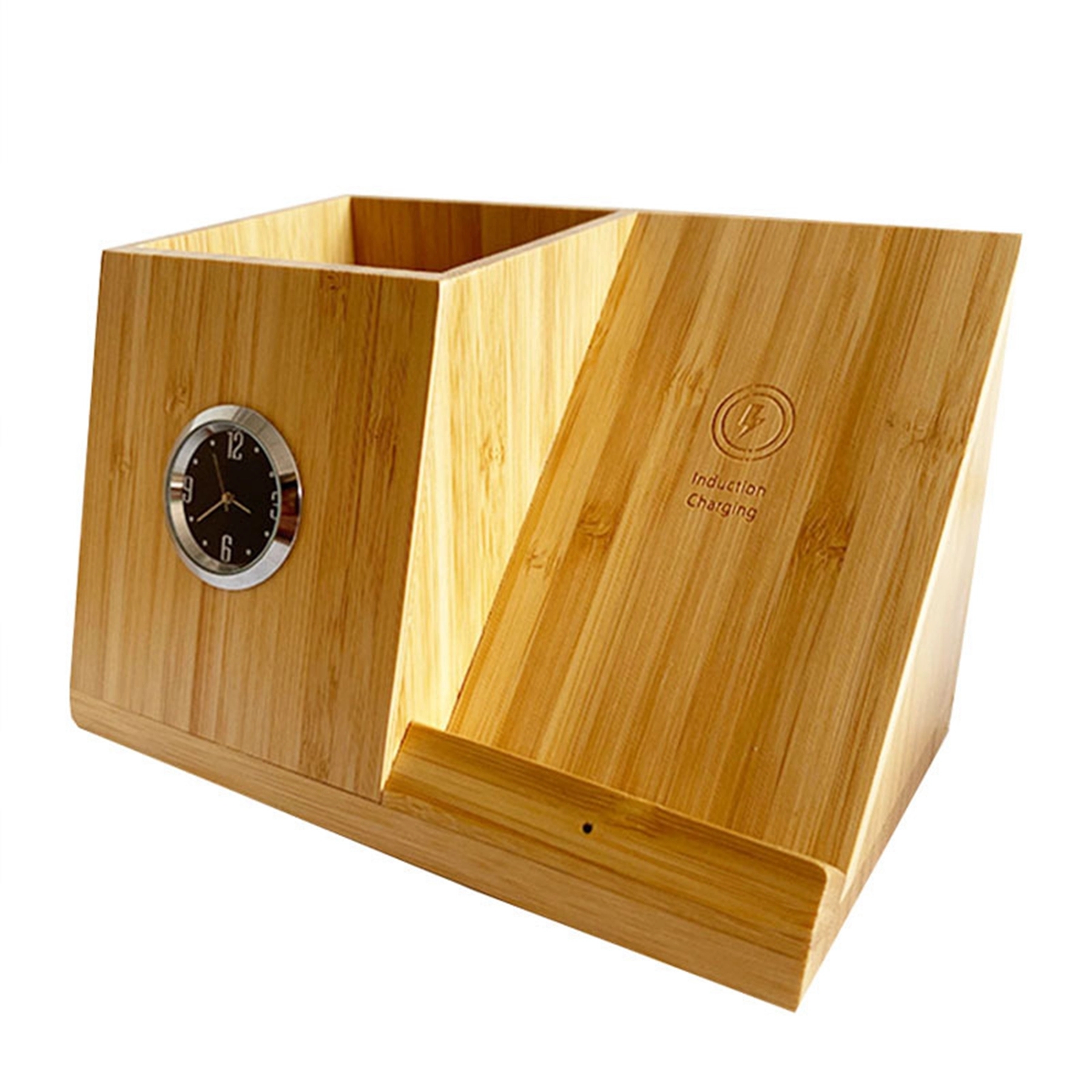 10 W Bamboo Wireless Charger Organizer with Clock 2
