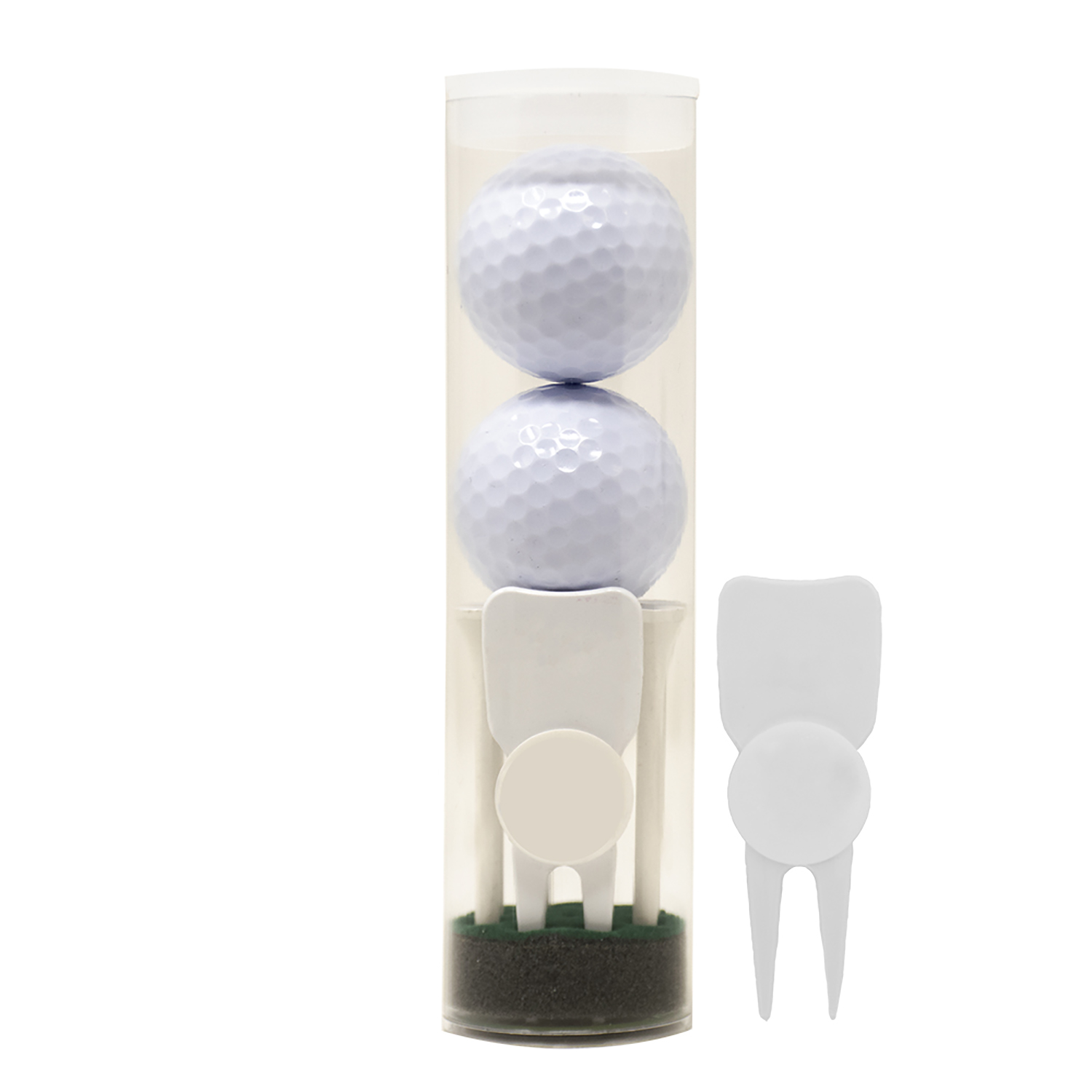 2 Golf Ball Tube w/ Wedge Divot Tool & Tees 2