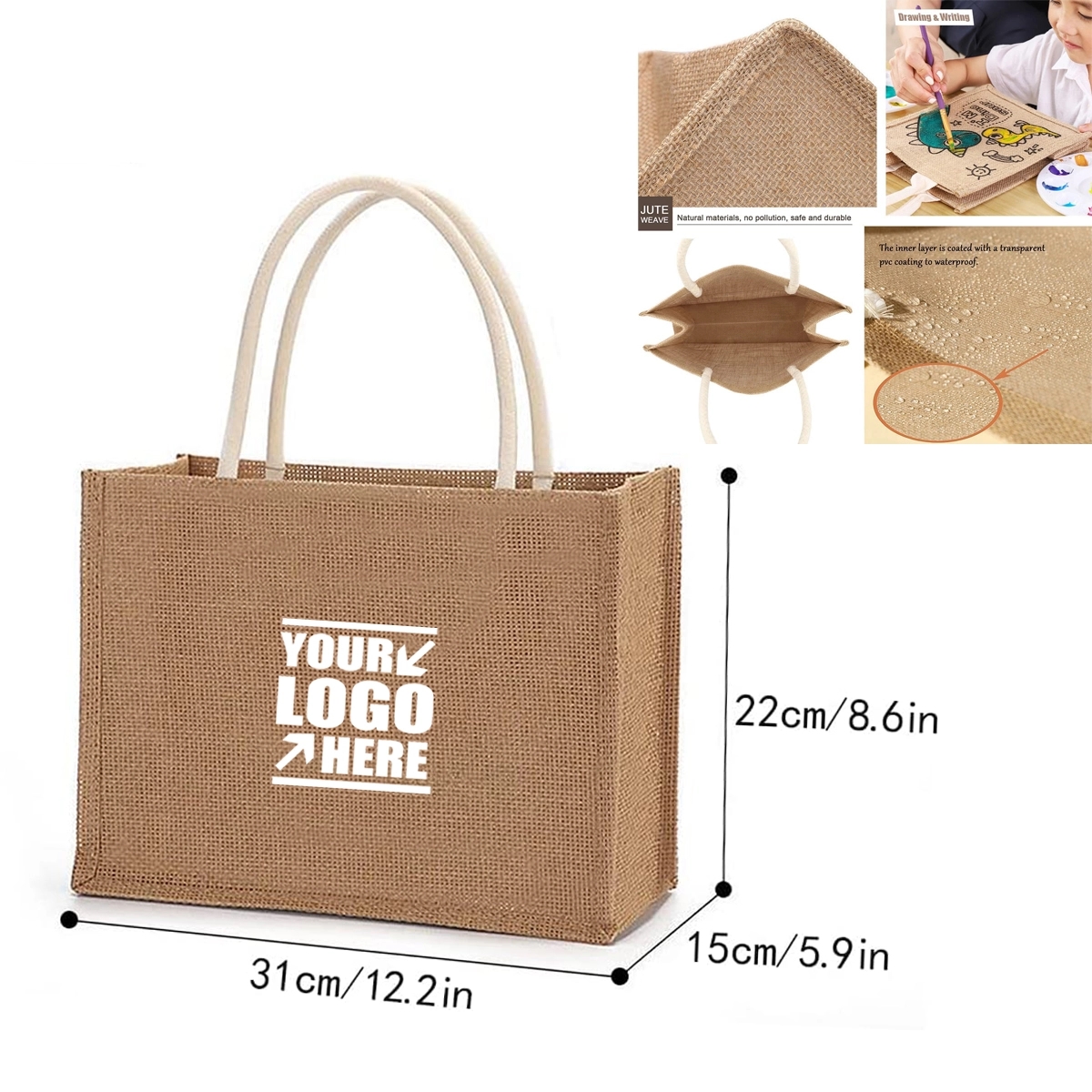 Natural Linen Jute Reusable Tote Bag With Handles 1