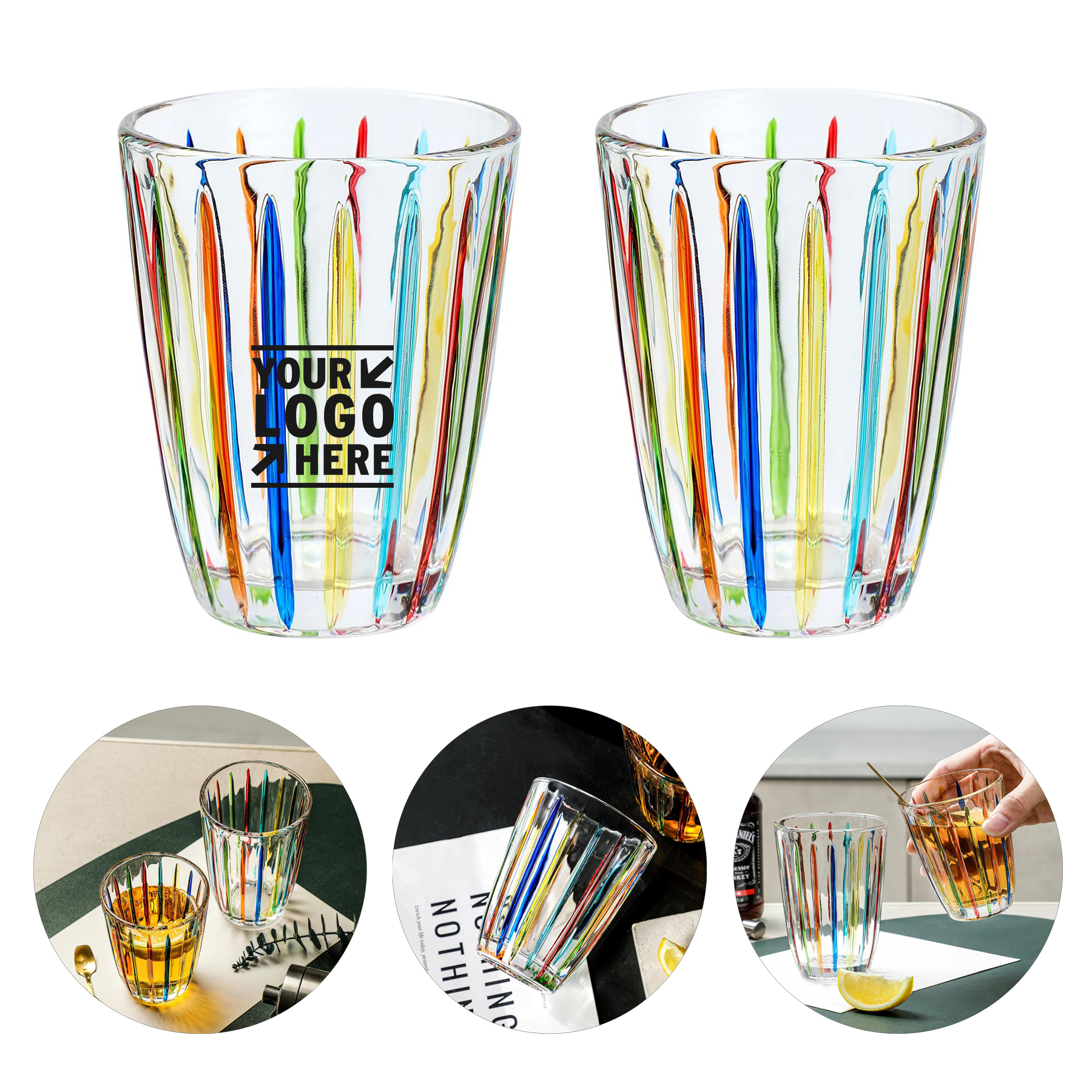 Old Fashioned Multi-color Hand Painted Stained Glass Whiskey Tumblers with Strip Patterns 2