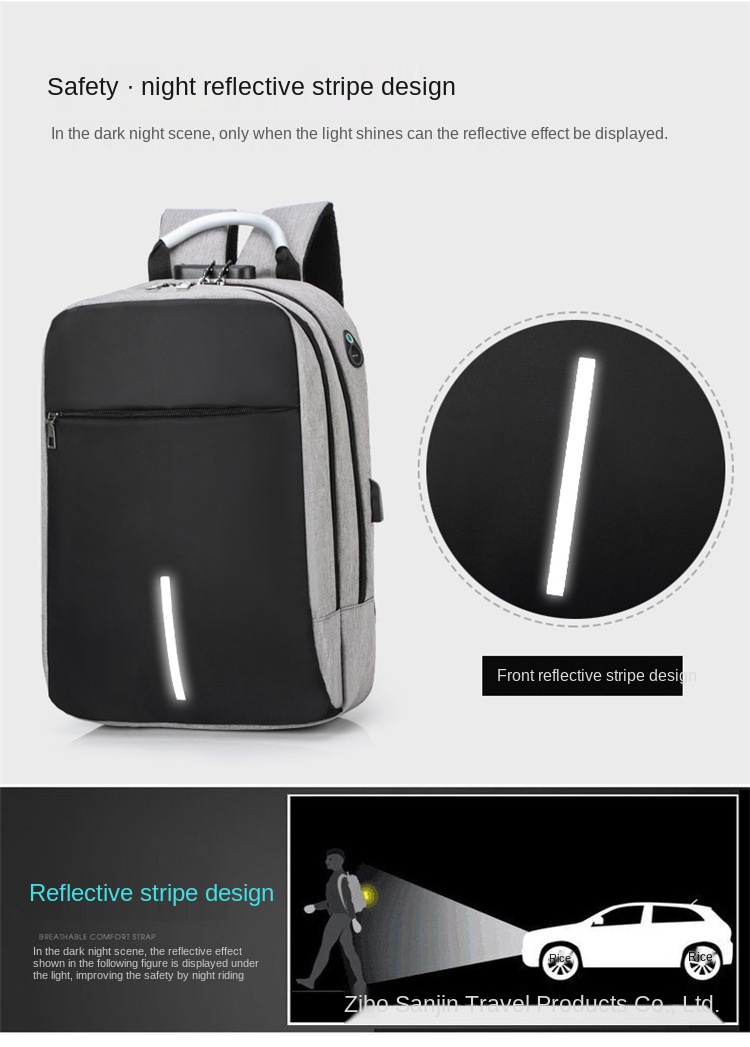 Anti-theft Lock USB Charging Light Reflective Laptop Backpacks 3
