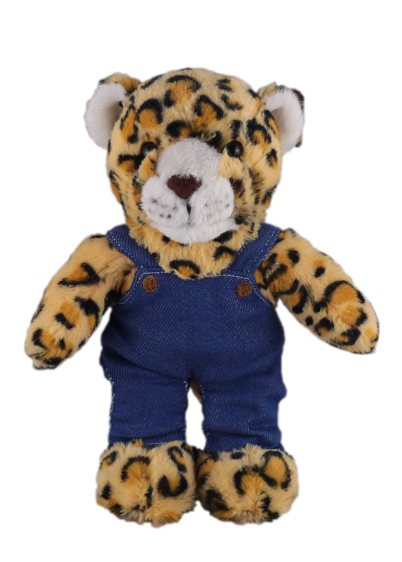 Soft Plush Stuffed Leopard in denim overall.